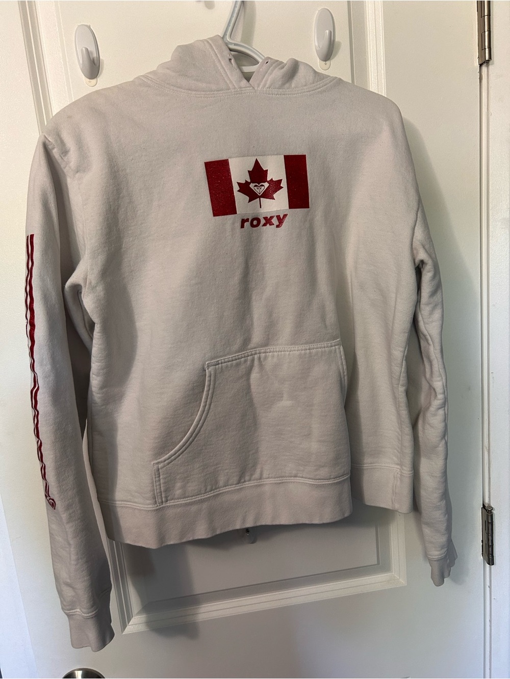 Roxy White Hoodie with Red Canadian Flag Logo